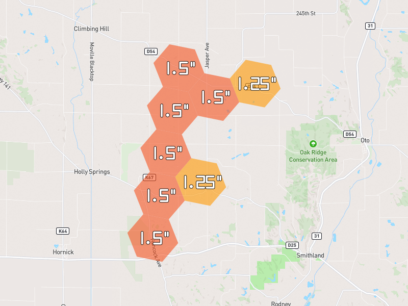 Hail map of Oto, IA on Jul 1, 2026, hail up to 1.5"