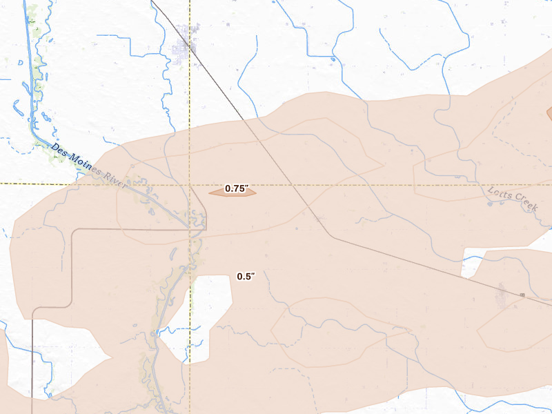 Radar-estimated hail-size map of the storm over Ottosen, IA on May 15, 2026