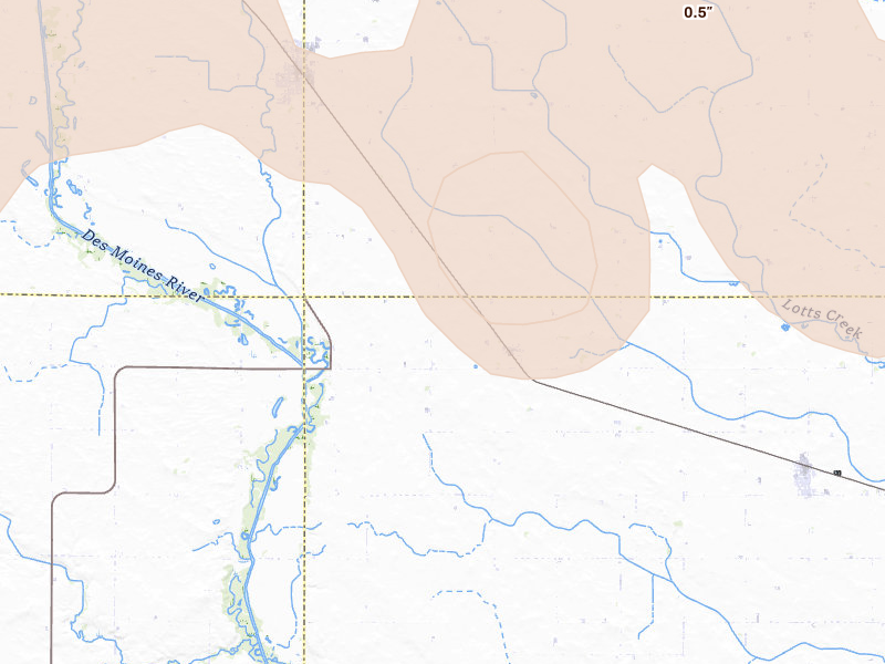Radar-estimated hail-size map of the storm over Ottosen, IA on Jun 28, 2026