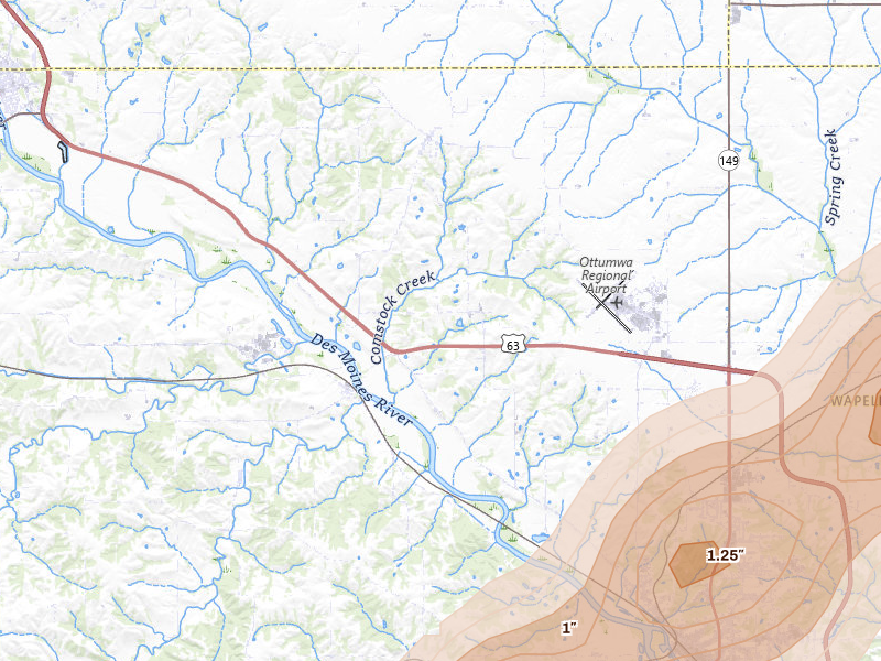Radar-estimated hail-size map of the storm over Ottumwa, IA on Apr 2, 2026