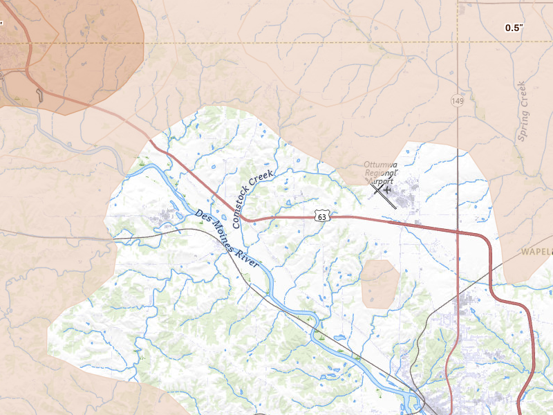 Radar-estimated hail-size map of the storm over Ottumwa, IA on Jun 11, 2026