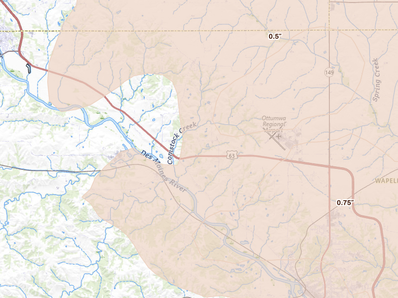 Radar-estimated hail-size map of the storm over Ottumwa, IA on Jun 17, 2026