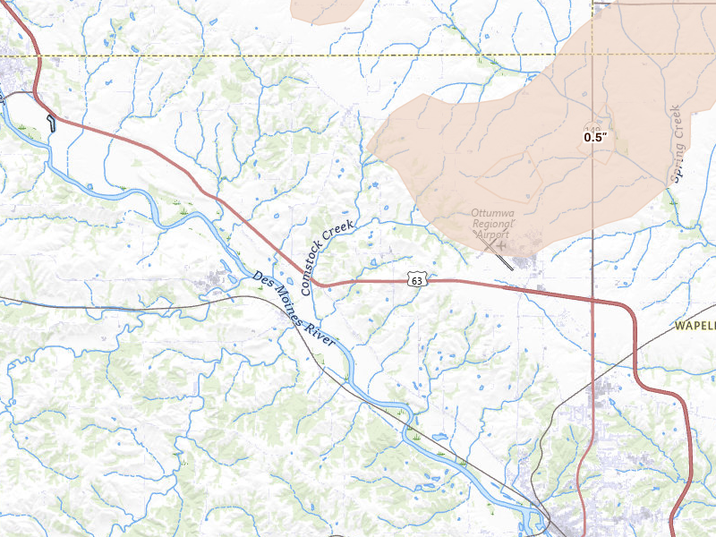 Radar-estimated hail-size map of the storm over Ottumwa, IA on Jul 3, 2026