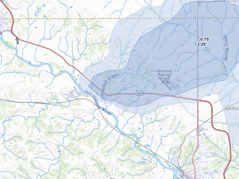 NEXRAD radar-signature map of the hail storm over Ottumwa, IA on Jul 3, 2026