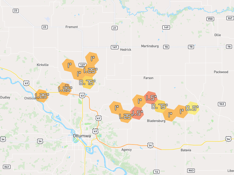 Hail map of Ottumwa, IA on Jul 4, 2026, hail up to 1.5"