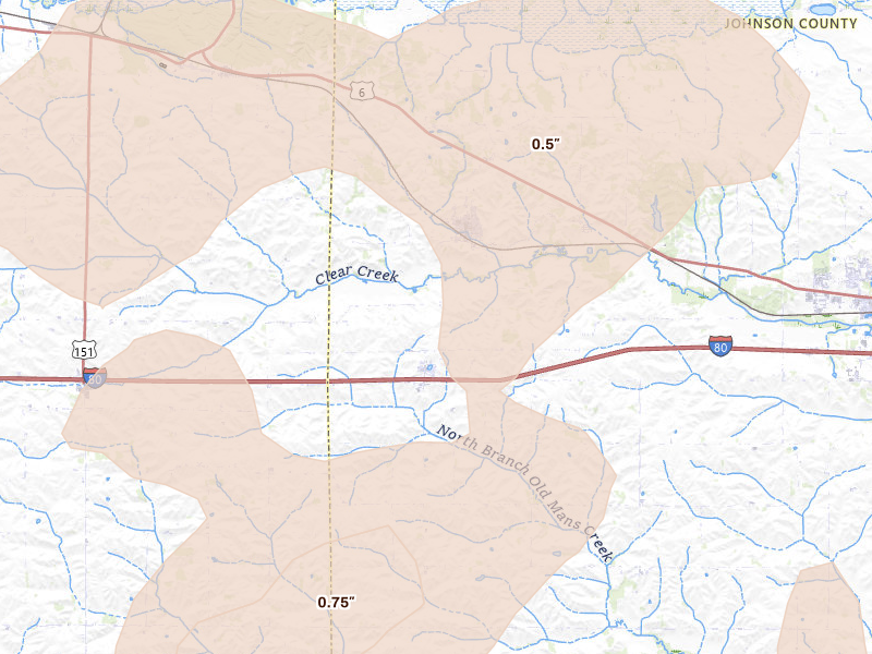 Radar-estimated hail-size map of the storm over Oxford, IA on Jul 3, 2026