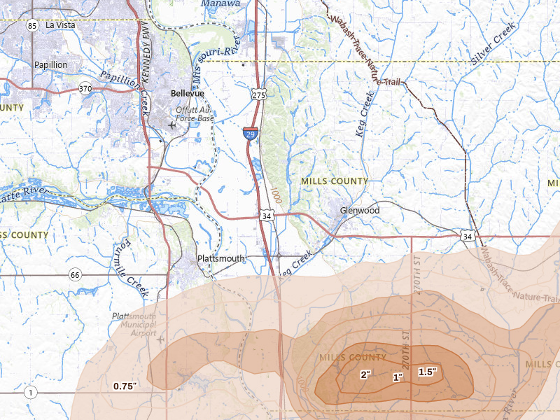 Radar-estimated hail-size map of the storm over Pacific Junction, IA on May 15, 2026
