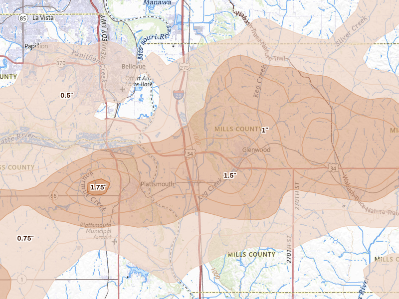 Radar-estimated hail-size map of the storm over Pacific Junction, IA on Jun 5, 2026