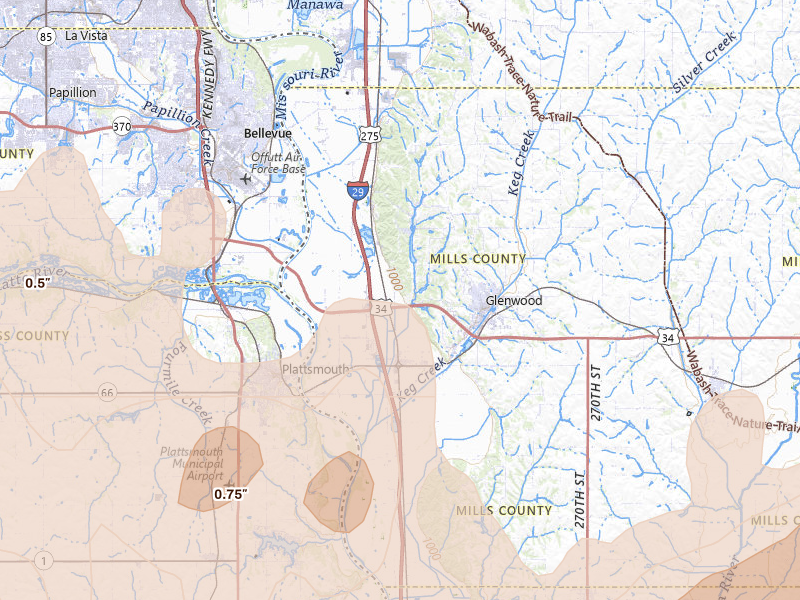 Radar-estimated hail-size map of the storm over Pacific Junction, IA on Jun 10, 2026