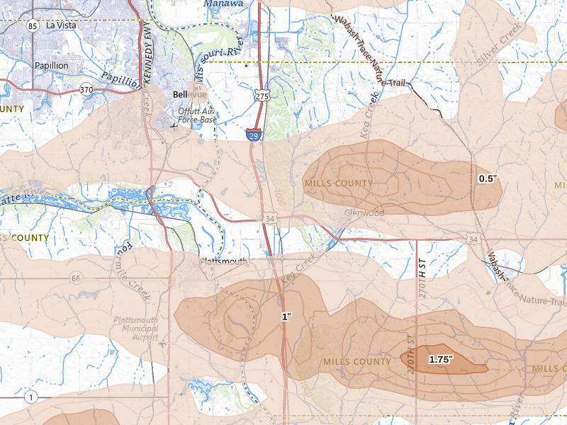 Radar-estimated hail-size map of the storm over Pacific Junction, IA on Aug 4, 2026