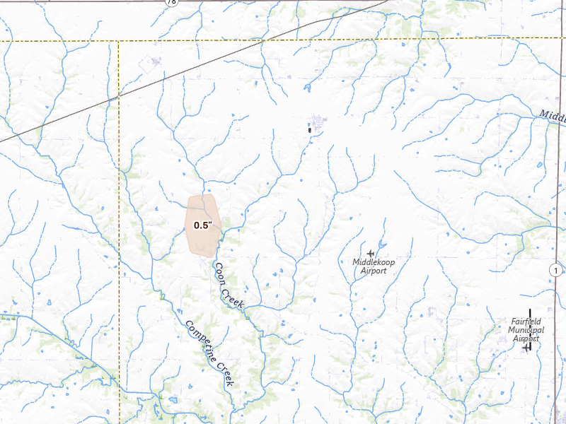Radar-estimated hail-size map of the storm over Packwood, IA on Mar 5, 2026