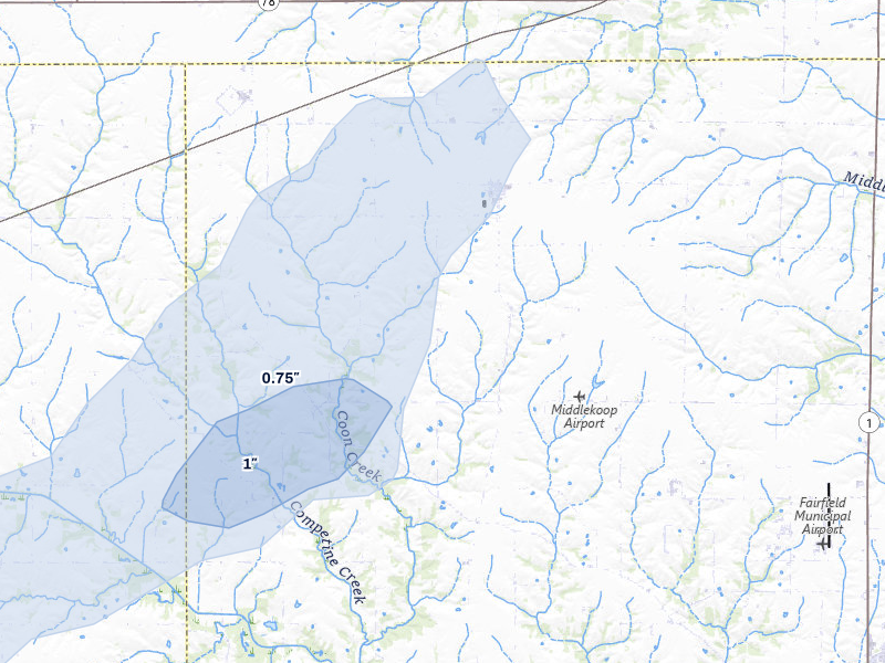 NEXRAD radar-signature map of the hail storm over Packwood, IA on Mar 5, 2026