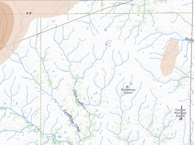 Radar-estimated hail-size map of the storm over Packwood, IA on Apr 2, 2026