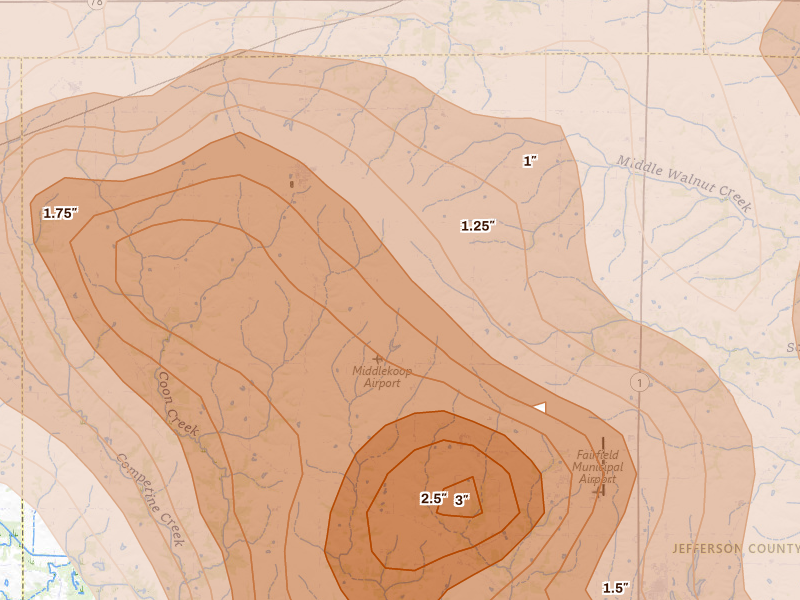 Radar-estimated hail-size map of the storm over Packwood, IA on Aug 7, 2026