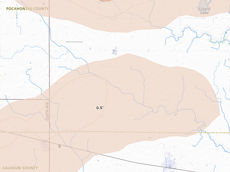 Radar-estimated hail-size map of the storm over Palmer, IA on May 15, 2026