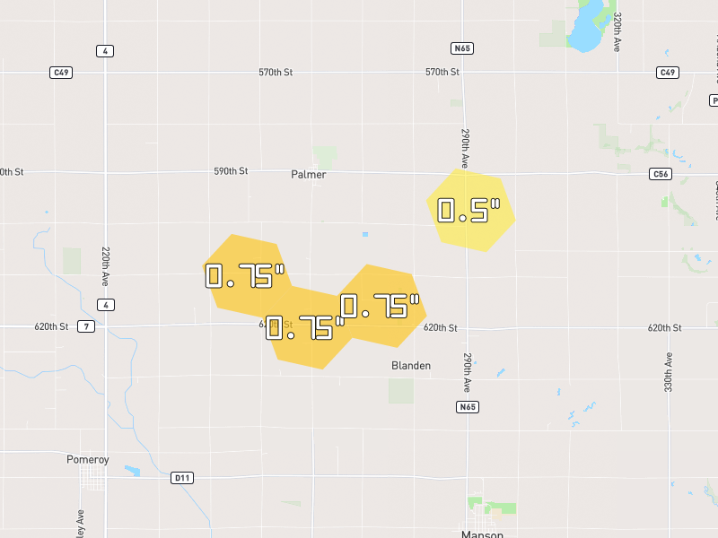Hail map of Palmer, IA on Jun 28, 2026, hail up to 0.75"