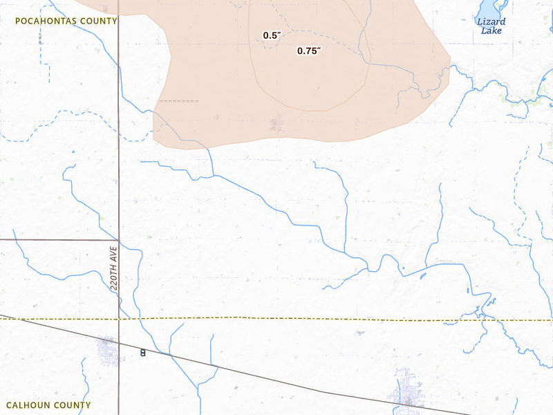 Radar-estimated hail-size map of the storm over Palmer, IA on Jul 8, 2026