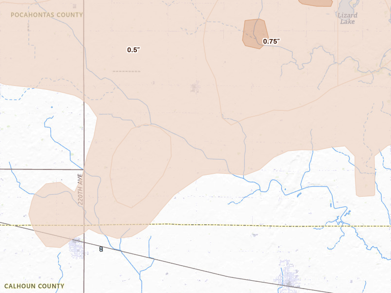 Radar-estimated hail-size map of the storm over Palmer, IA on Aug 8, 2026