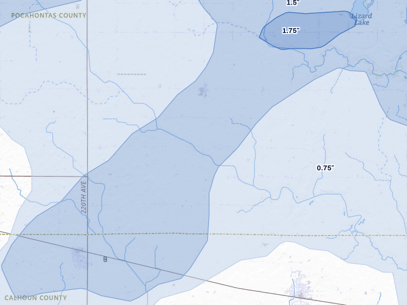 NEXRAD radar-signature map of the hail storm over Palmer, IA on Aug 8, 2026