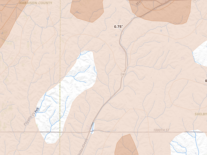 Radar-estimated hail-size map of the storm over Panama, IA on Apr 23, 2026