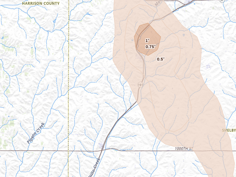 Radar-estimated hail-size map of the storm over Panama, IA on Jul 4, 2026