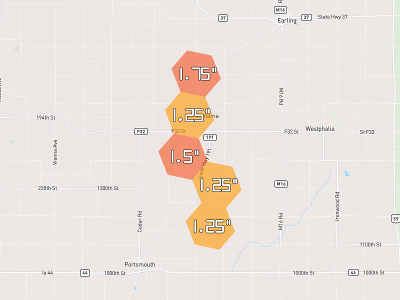 Hail map of Panama, IA on Jul 5, 2026, hail up to 1.75"