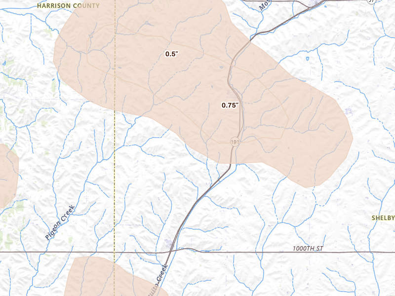 Radar-estimated hail-size map of the storm over Panama, IA on Jul 8, 2026