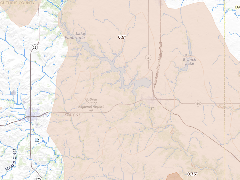 Radar-estimated hail-size map of the storm over Panora, IA on May 15, 2026