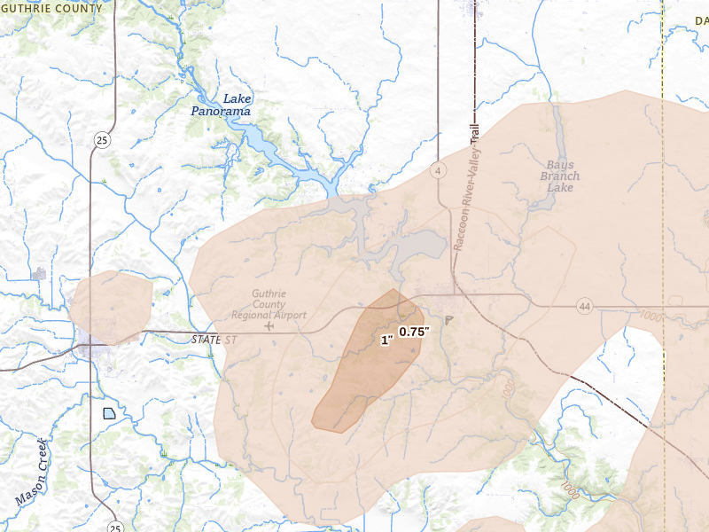 Radar-estimated hail-size map of the storm over Panora, IA on Jul 3, 2026