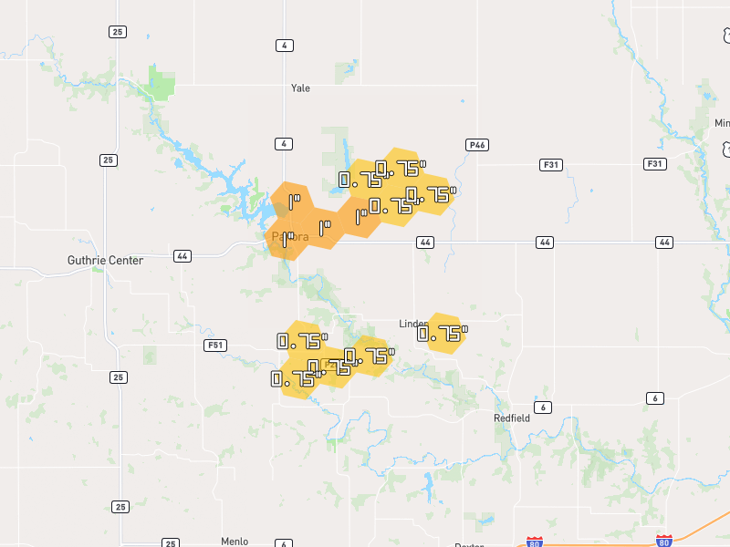 Hail map of Panora, IA on Jul 4, 2026, hail up to 1"