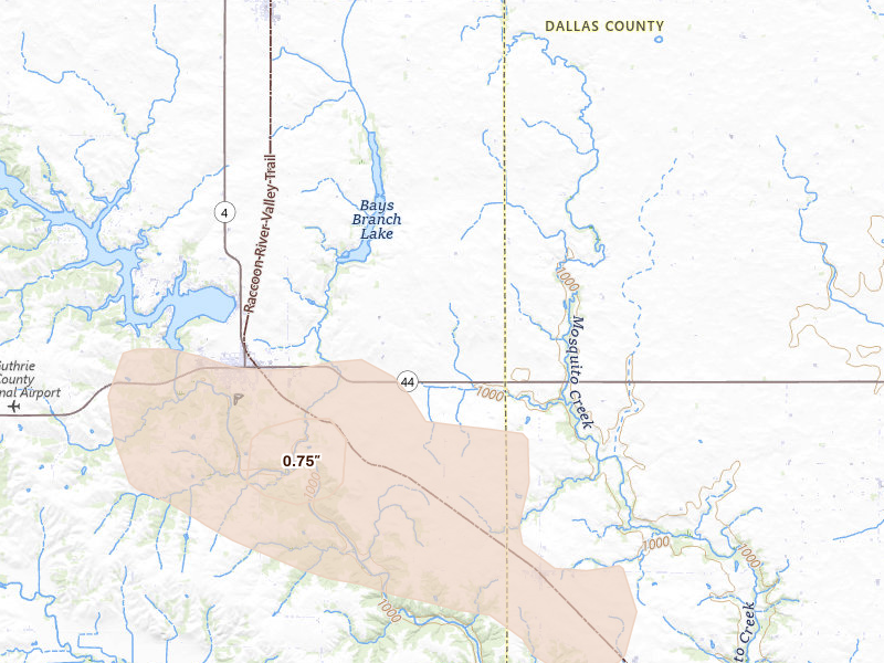 Radar-estimated hail-size map of the storm over Panora, IA on Aug 8, 2026