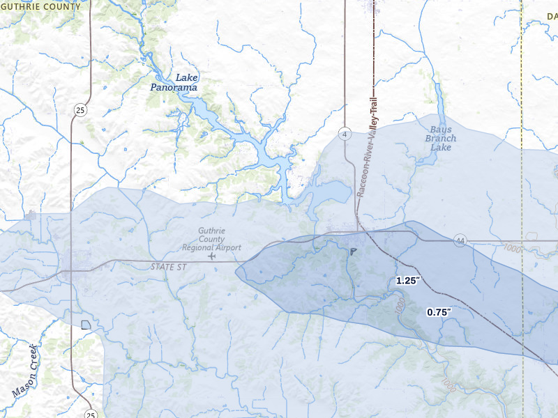 NEXRAD radar-signature map of the hail storm over Panora, IA on Aug 8, 2026