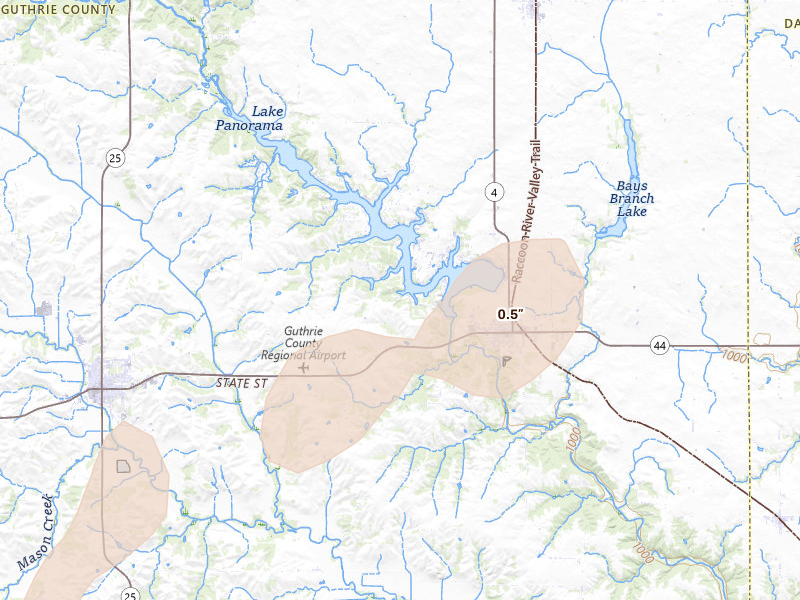 Radar-estimated hail-size map of the storm over Panora, IA on Aug 13, 2026