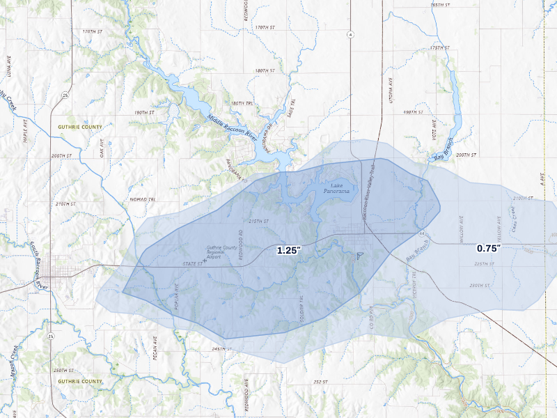 NEXRAD radar-signature map of the hail storm over Panora, IA on Aug 13, 2026