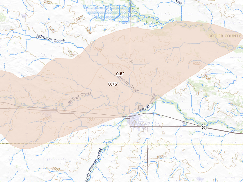 Radar-estimated hail-size map of the storm over Parkersburg, IA on Apr 17, 2026