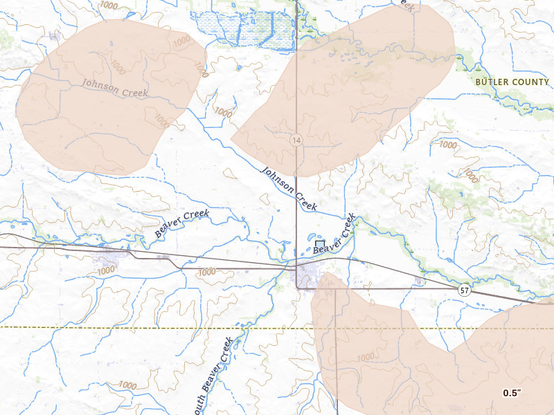 Radar-estimated hail-size map of the storm over Parkersburg, IA on May 15, 2026