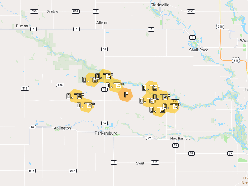 Hail map of Parkersburg, IA on Jul 26, 2026, hail up to 1"
