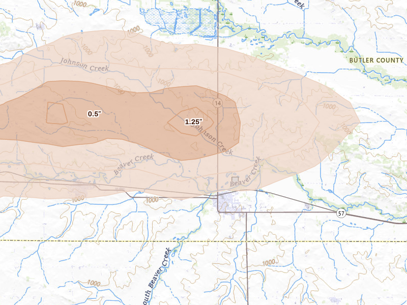 Radar-estimated hail-size map of the storm over Parkersburg, IA