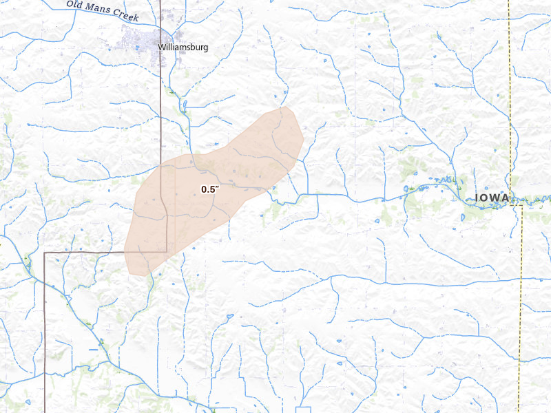 Radar-estimated hail-size map of the storm over Parnell, IA on Apr 17, 2026
