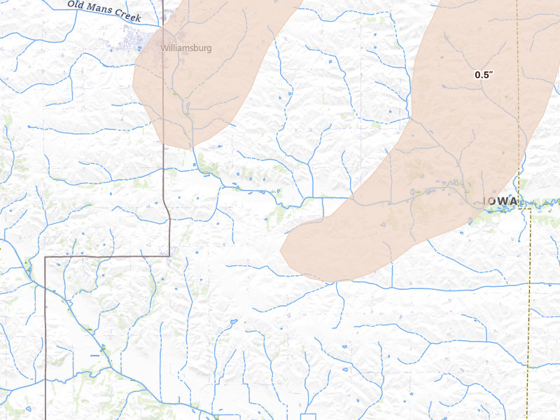 Radar-estimated hail-size map of the storm over Parnell, IA on Jun 16, 2026