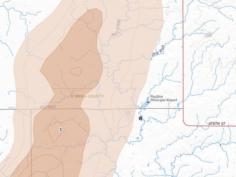 Radar-estimated hail-size map of the storm over Paullina, IA on Apr 13, 2026