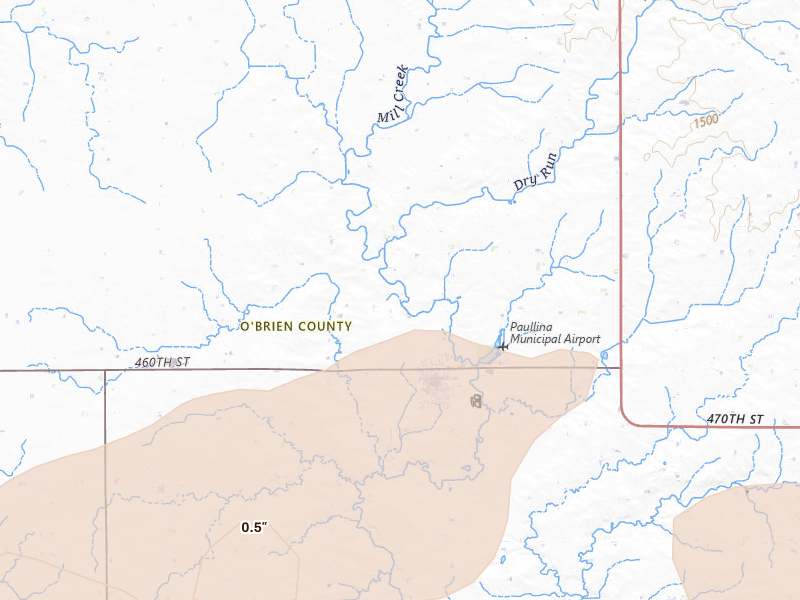 Radar-estimated hail-size map of the storm over Paullina, IA on May 15, 2026