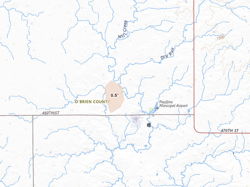 Radar-estimated hail-size map of the storm over Paullina, IA on Jun 16, 2026