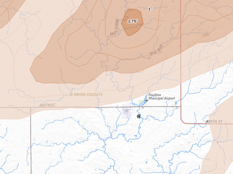 Radar-estimated hail-size map of the storm over Paullina, IA on Jun 27, 2026