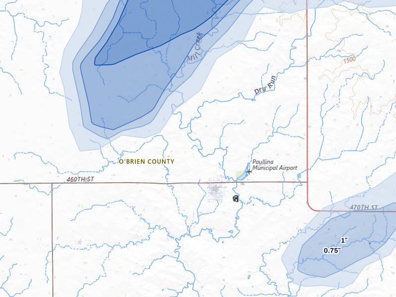 NEXRAD radar-signature map of the hail storm over Paullina, IA on Jun 27, 2026