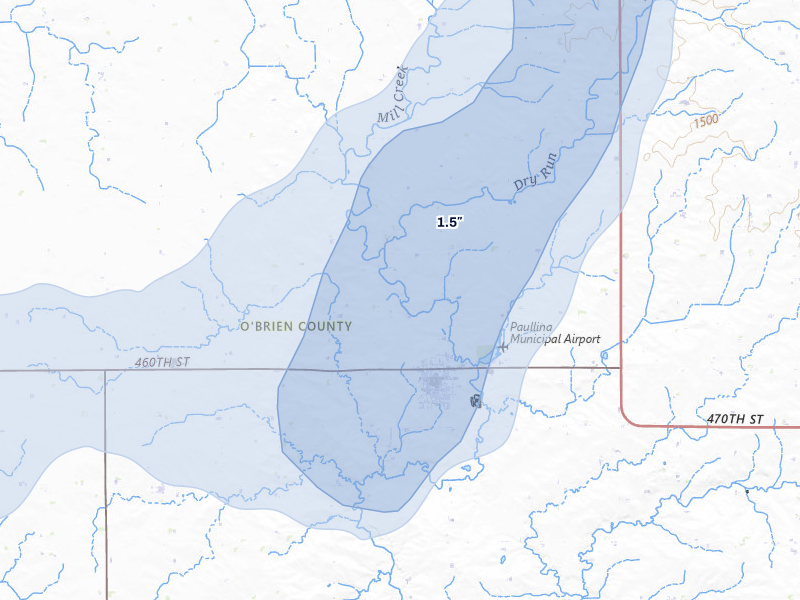 NEXRAD radar-signature map of the hail storm over Paullina, IA on Jun 30, 2026