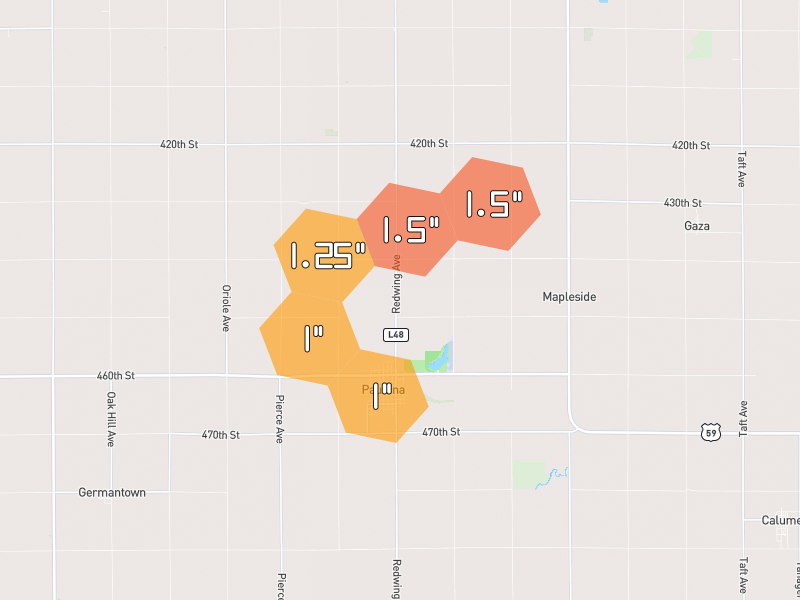 Hail map of Paullina, IA on Jul 1, 2026, hail up to 1.5"