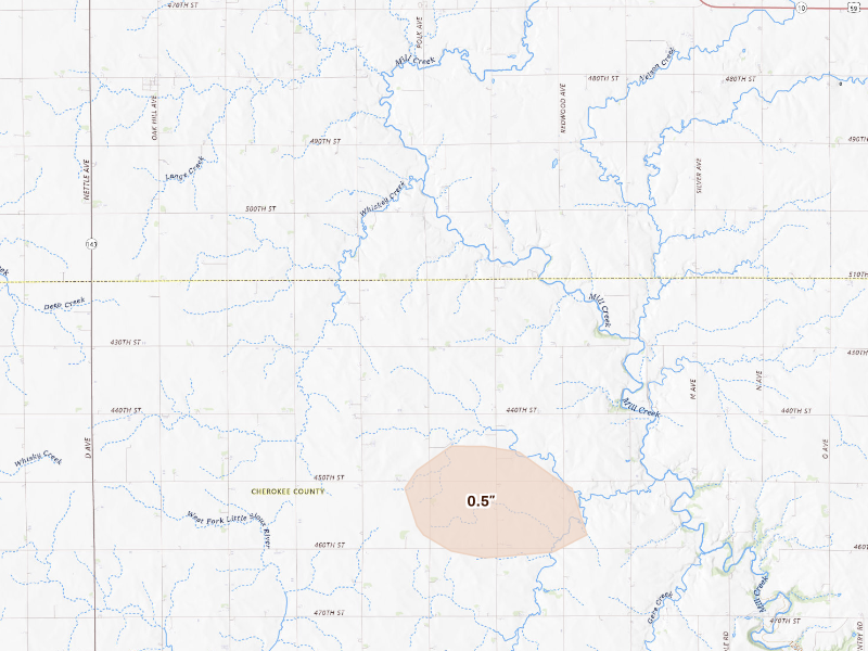 Radar-estimated hail-size map of the storm over Paullina, IA on Jul 4, 2026