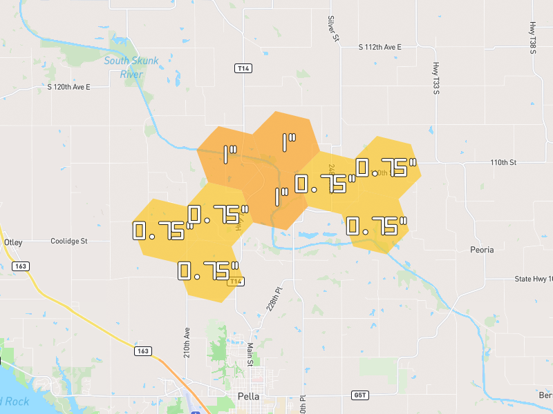 Hail map of Pella, IA on Jun 6, 2026, hail up to 1"
