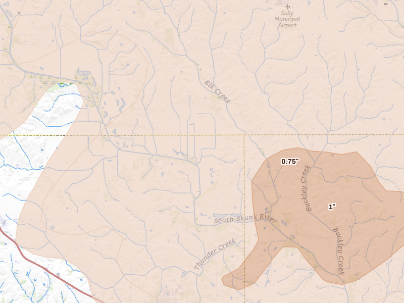 Radar-estimated hail-size map of the storm over Pella, IA on Jun 16, 2026